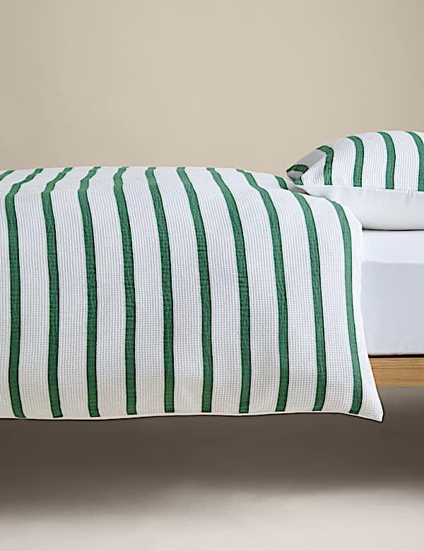 Parure de lit 100 % coton &agrave; rayures gaufr&eacute;es contrast&eacute;es - CA