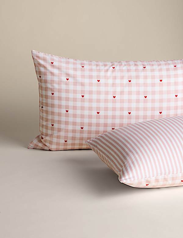 Parure de lit en coton mélangé à carreaux Vichy et cœurs - FR