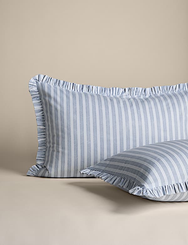 Parure de lit 100 % coton à rayures et volant - CH