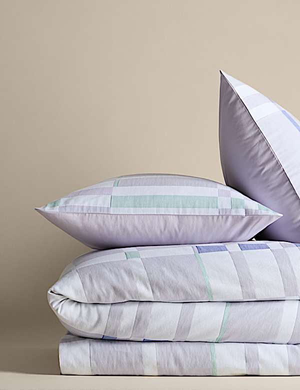 Parure de lit 100 % coton à carreaux et motif abstrait - CH