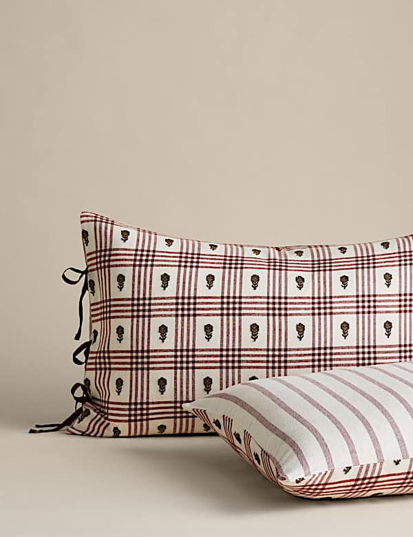 Parure de lit à motif fleuri à carreaux 100 % coton peigné - CH