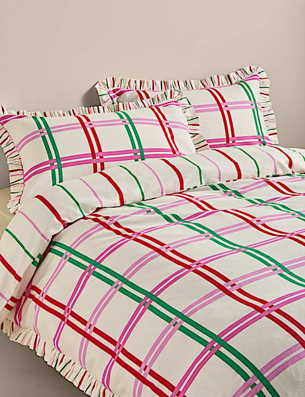 Pure Brushed Cotton Checked Ruffle Bedding Set - EE