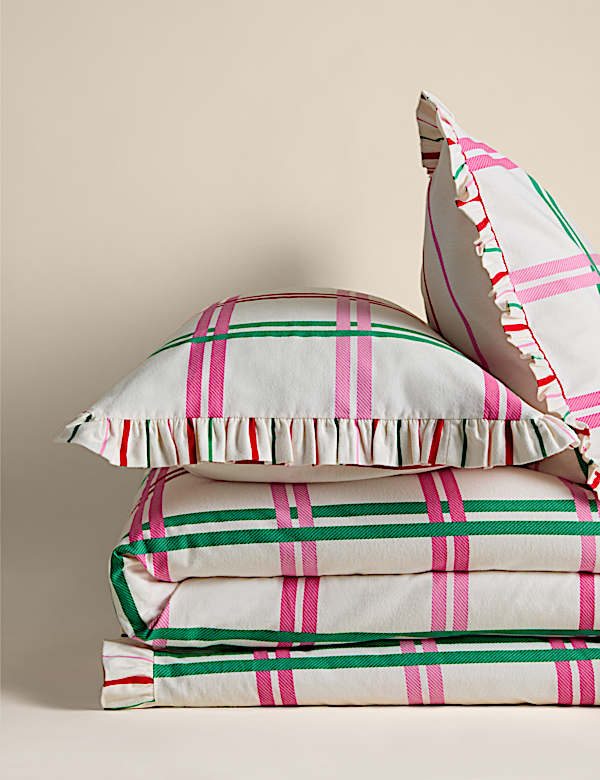 Pure Brushed Cotton Checked Ruffle Bedding Set - EE