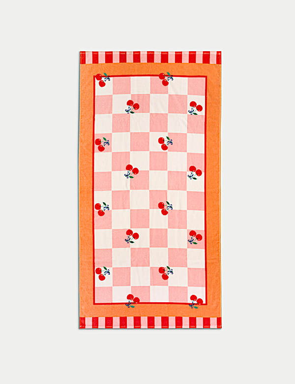 Serviette de plage 100 % coton à carreaux et motif cerise - CA