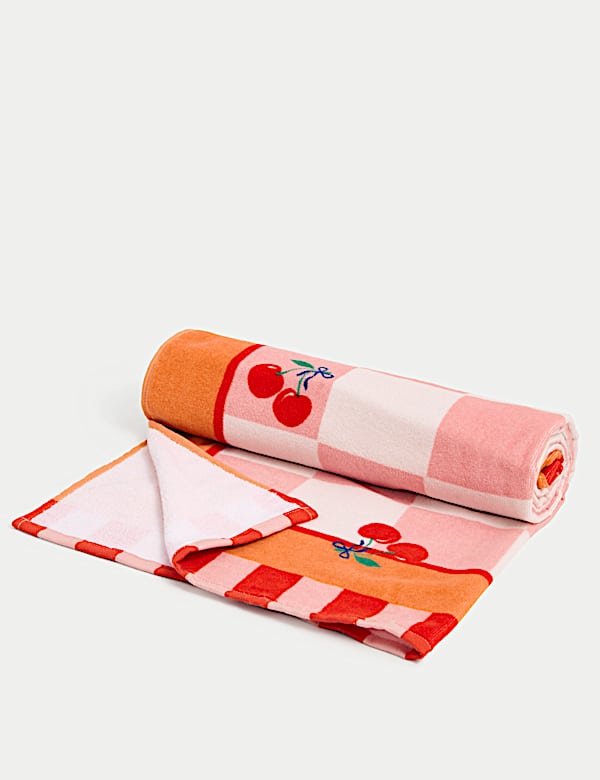 Zuiver katoenen strandlaken met kersen en ruiten - NL