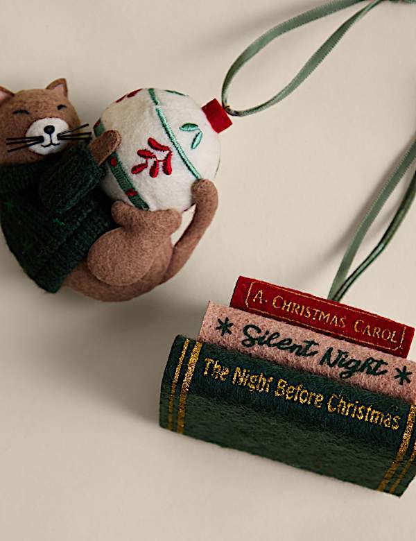2 Pack Felt Cat and Festive Books Hanging Decorations - NZ