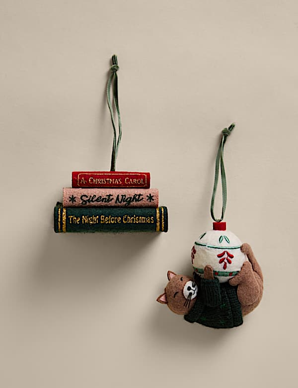 2 Pack Felt Cat and Festive Books Hanging Decorations - NZ