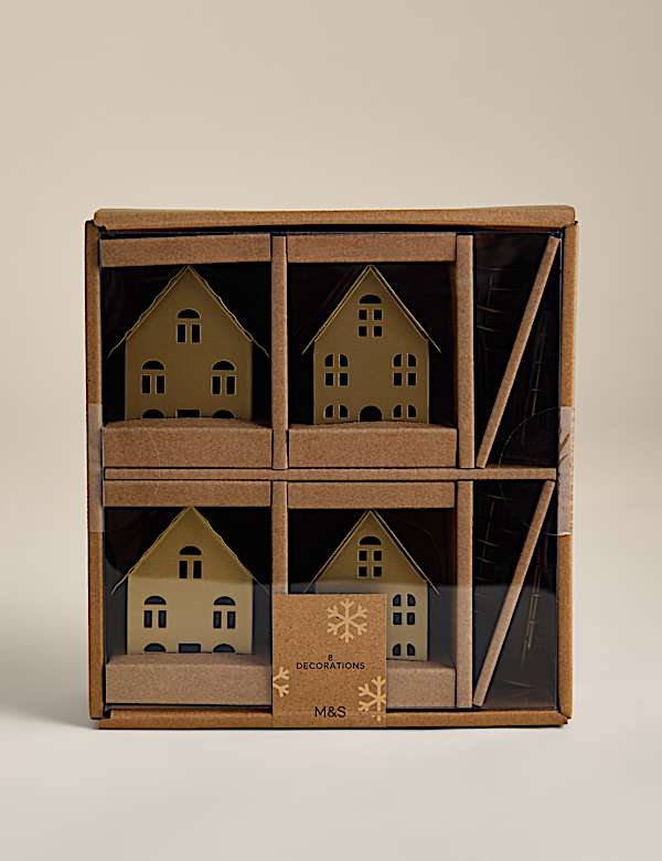 8 Pack Brass House & Tree Decorations - JE