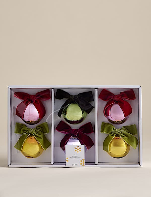 6 Pack Glass Metallic Bow Baubles - CH