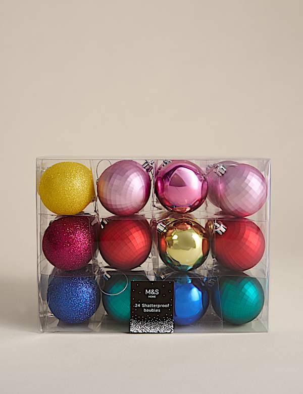 24pk Multicoloured Shatterproof Baubles - CA