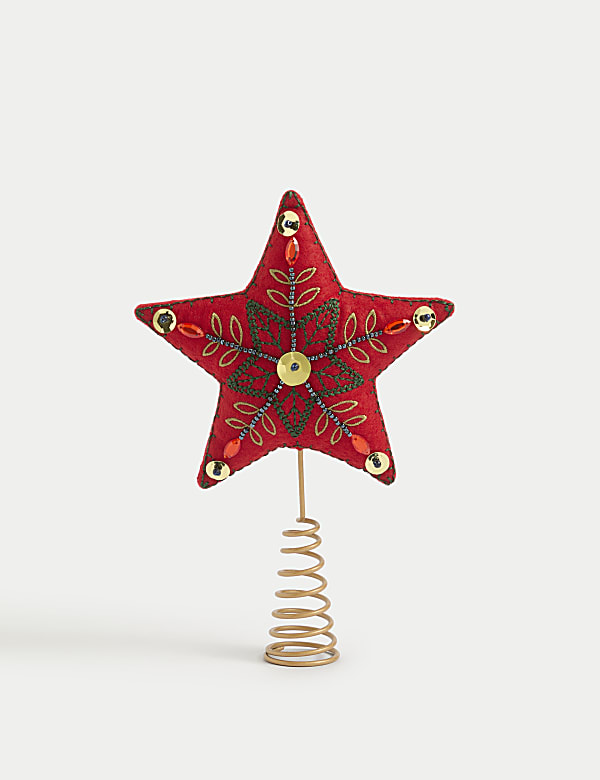 קישוט רקום לראש עץ חג המולד בצורת כוכב מבד לבד אדום - IL