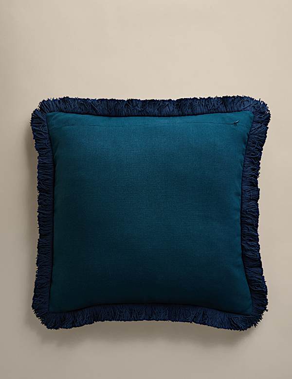 Pure Cotton Geometric Embroidered Fringed Cushion - NL