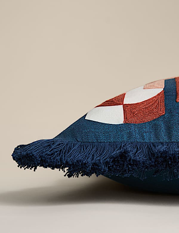 Pure Cotton Geometric Embroidered Fringed Cushion - NL