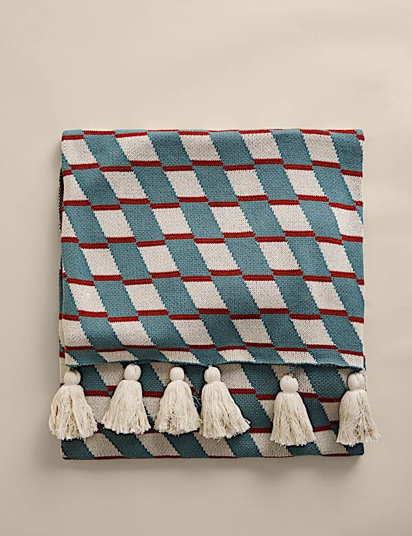 Pure Cotton Geometric Knitted Tassel Throw - DK