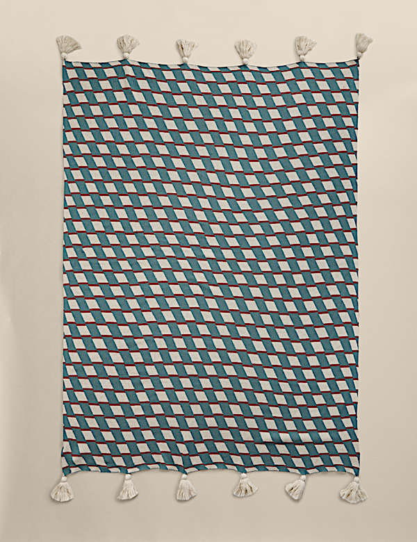 Pure Cotton Geometric Knitted Tassel Throw - FI