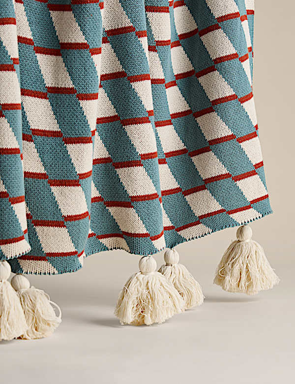 Pure Cotton Geometric Knitted Tassel Throw - FI