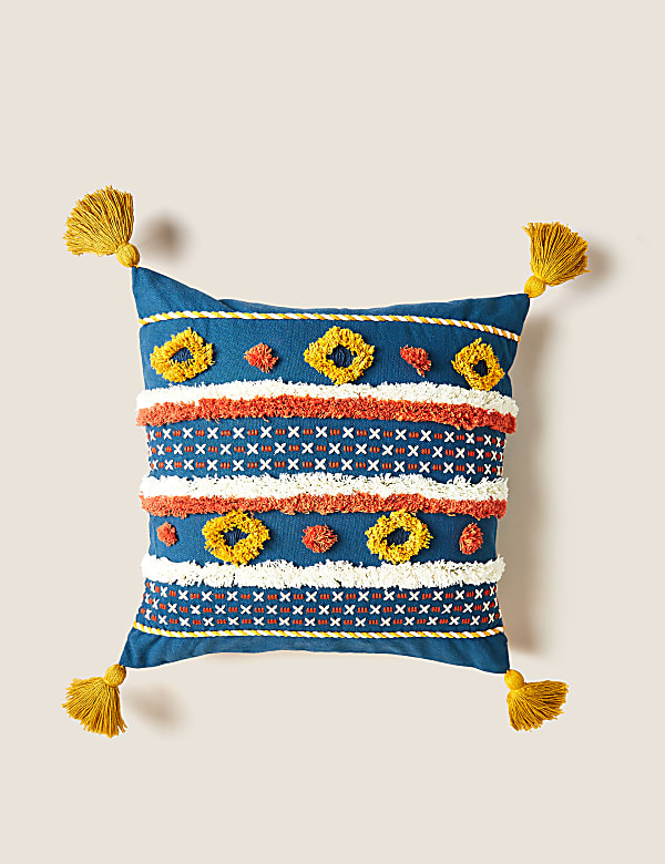 Pure Cotton Striped Tufted Tassel Cushion