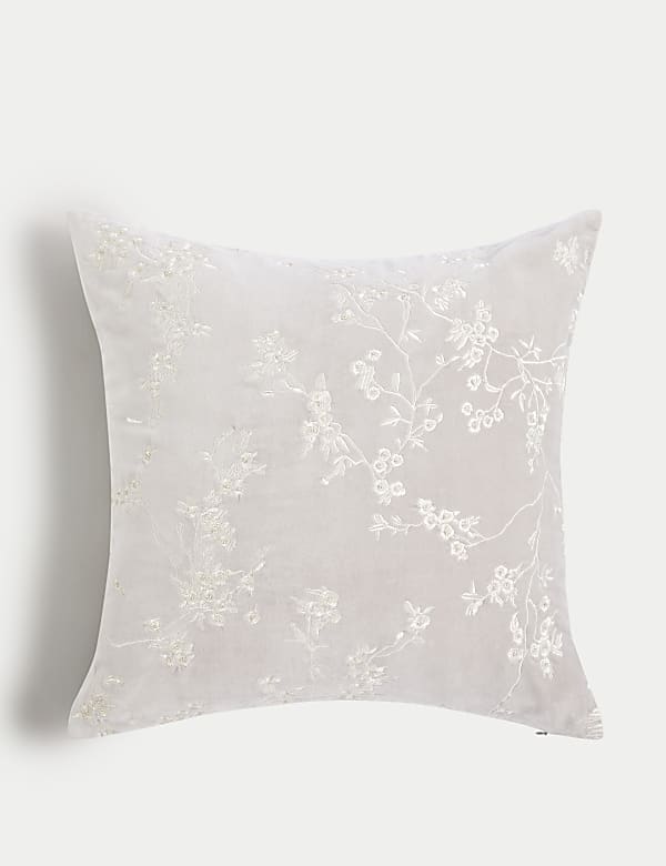 Velvet Cherry Blossom Embroidered Cushion LIGHT GREY Cushions M S JE