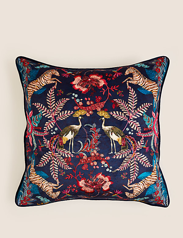 Velvet Exotic Bird Embellished Cushion - LT