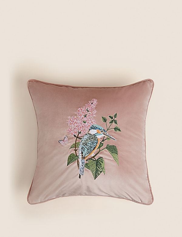 Coussin en velours à motif oiseau et fleur brodés - CA