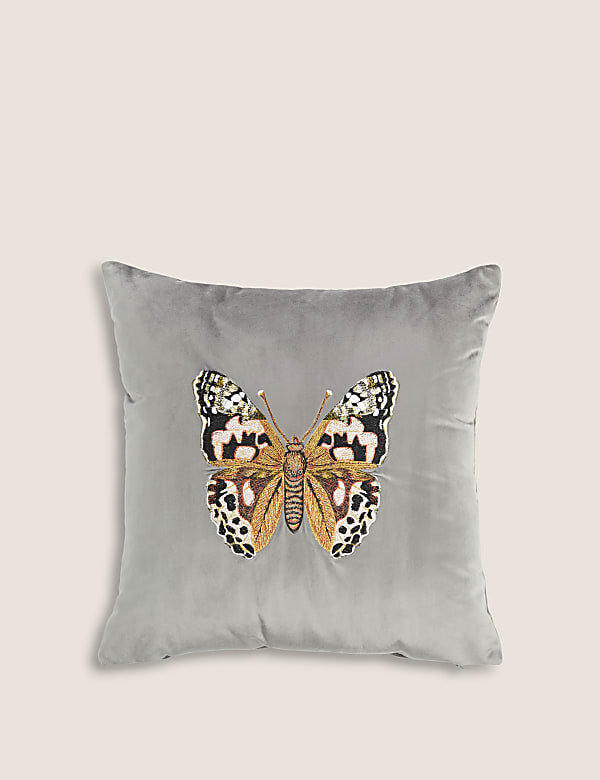 Velvet Butterfly Embroidered Cushion SILVER GREY Cushions M S CY