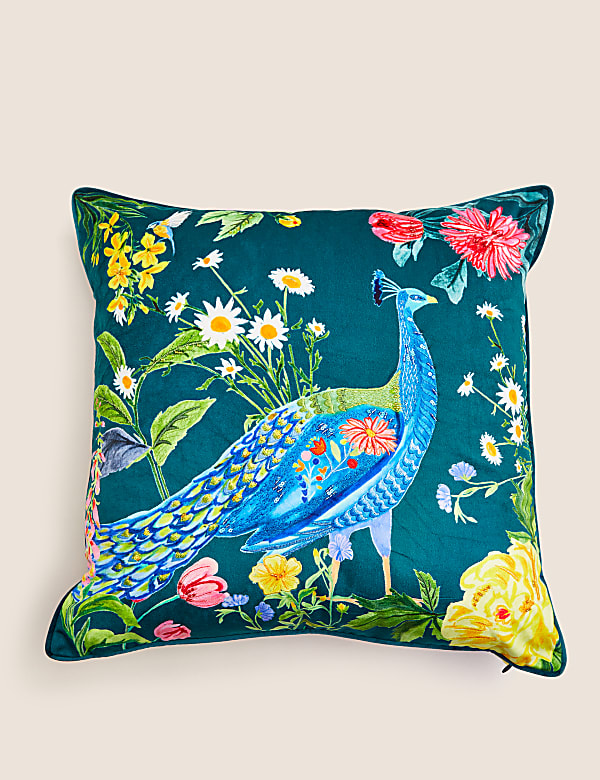 Velvet Peacock Embroidered Cushion