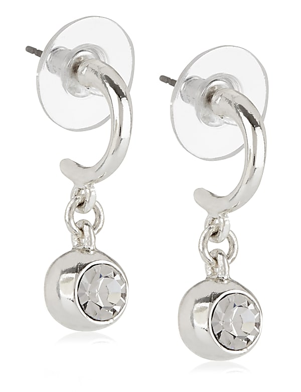 Silver Plated Hoop Crystal Drop Earrings - NZ