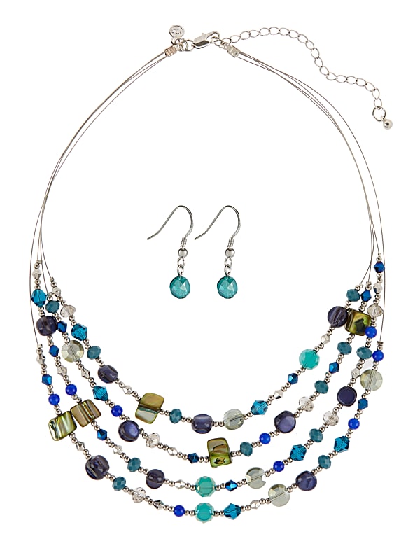 Assorted Bead Multi-Row Necklace & Earrings Set - JE