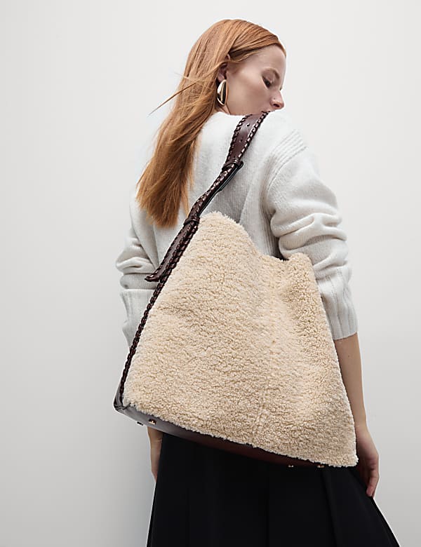 Faux Leather Borg Braided Handle Shoulder Bag CREAM MIX Bags M S FR