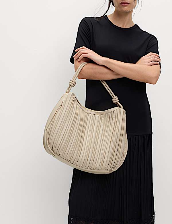 Faux Leather Pleated Top Handle Shoulder Bag - FI