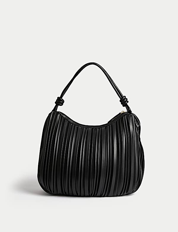 Faux Leather Pleated Top Handle Shoulder Bag - HU