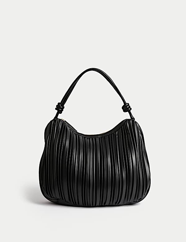 Faux Leather Pleated Top Handle Shoulder Bag - HU