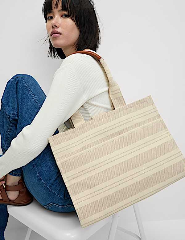 Pure Cotton Canvas Striped Tote Bag - PT