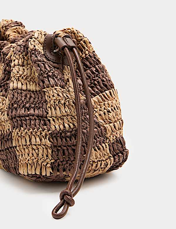 Straw Check Drawstring Beach Bag - AT