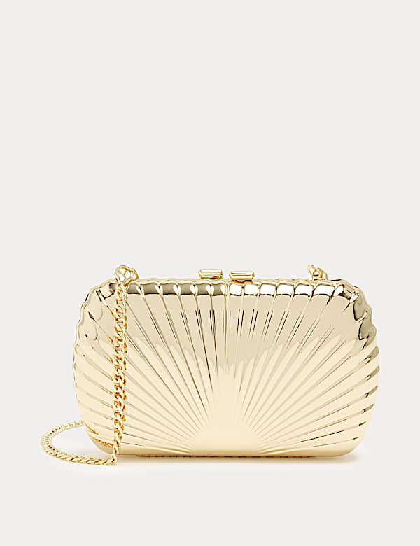 Gold Textured Chain Strap Clutch Bag - NL