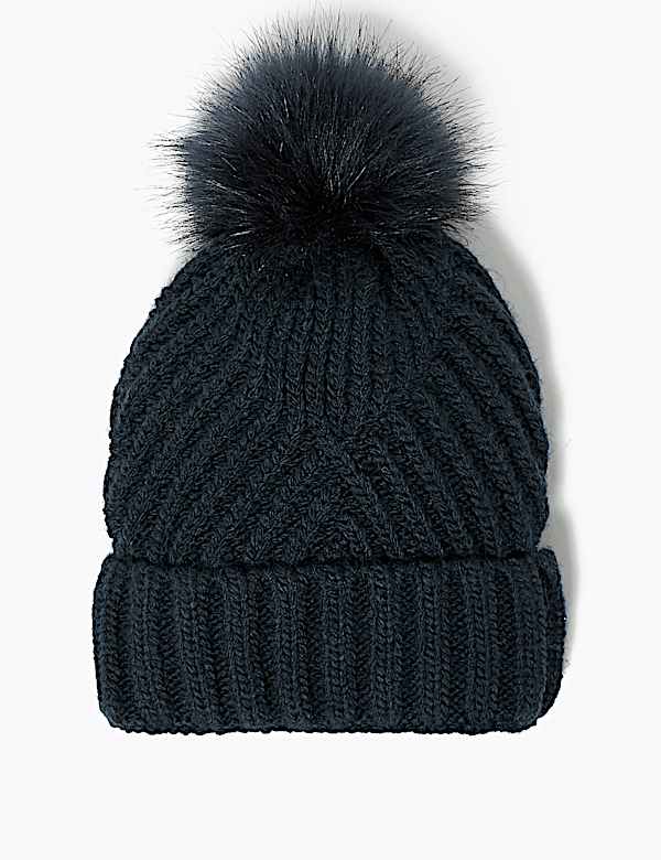 Knitted Faux Fur Bobble Beanie Hat
