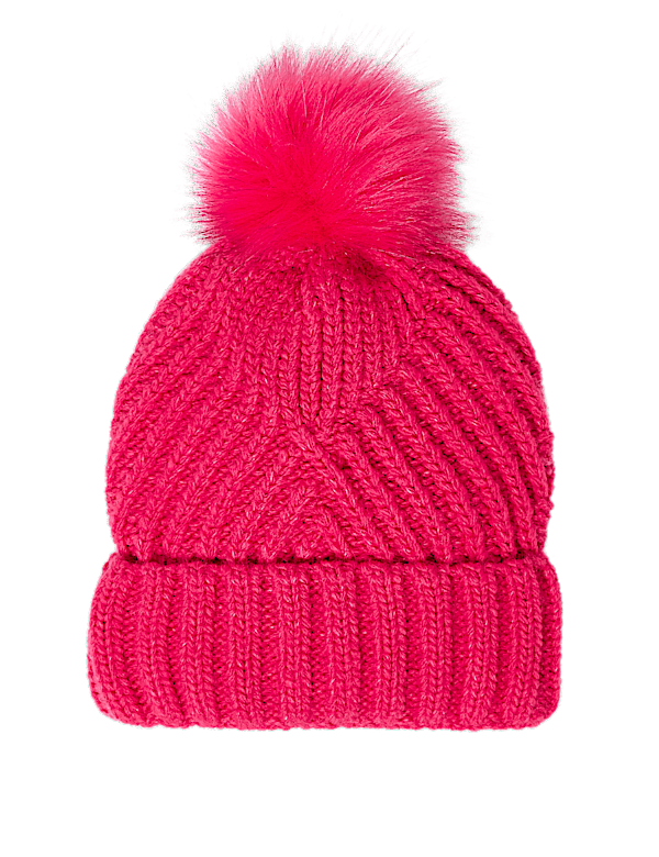 Knitted Faux Fur Bobble Beanie Hat