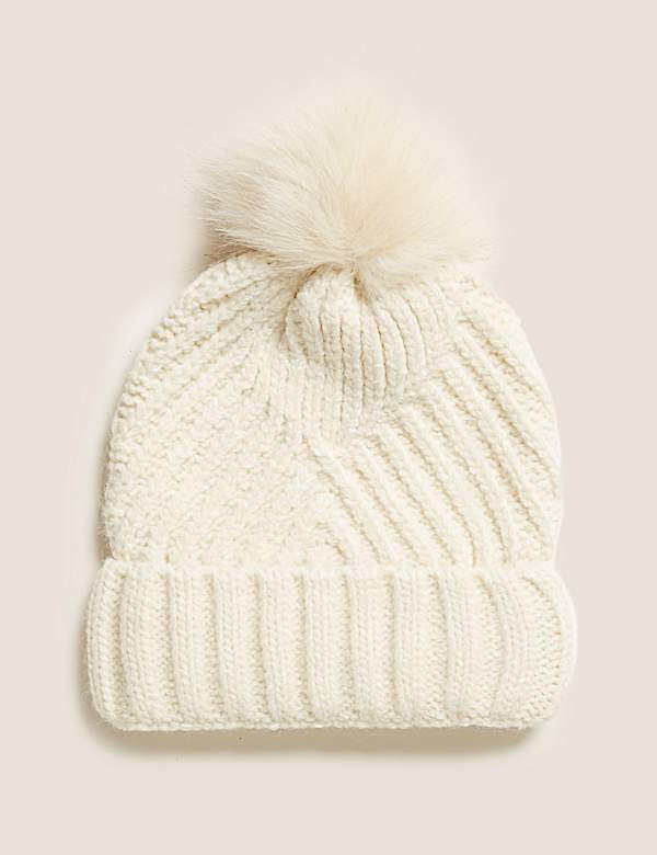 Knitted Faux Fur Bobble Beanie Hat