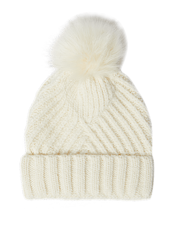 Knitted Faux Fur Bobble Beanie Hat