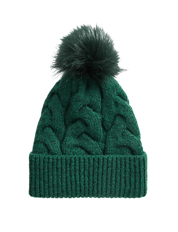 Knitted Cable Faux Fur Pom Hat