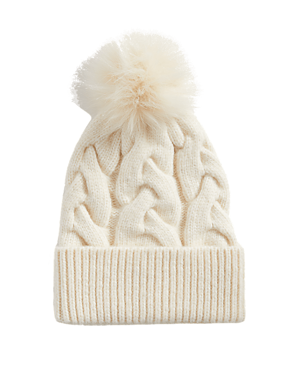 Knitted Cable Faux Fur Pom Hat