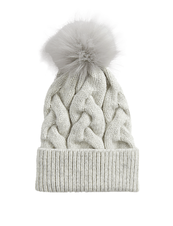 Knitted Cable Faux Fur Pom Hat