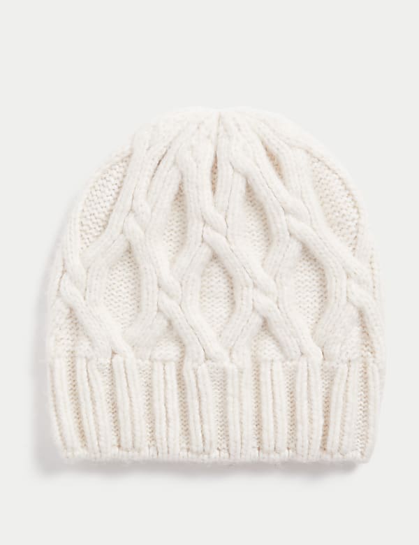 M S Knitted Cable Beanie Hat Cream One Size