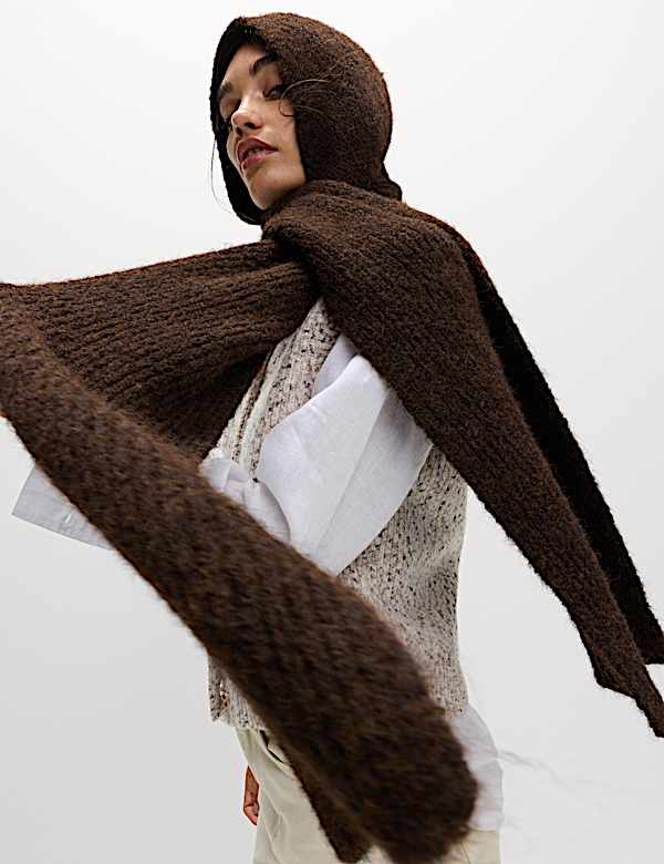 Ribbed Knit Hooded Scarf with Wool - UA