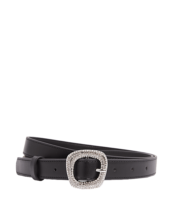 Faux Leather Crystal Square Buckle Belt