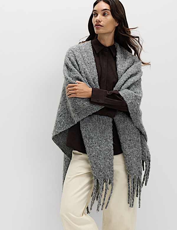 Brushed Fringed Wrap Scarf with Wool - RO