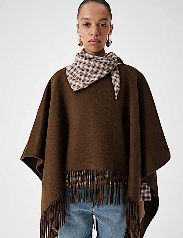 Double Faced Fringed Poncho - BE
