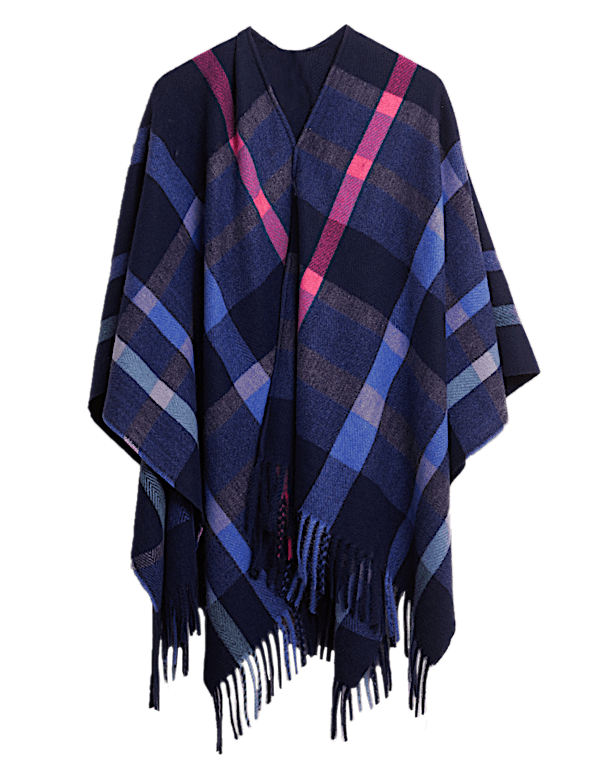 Woven Checked Tassel Poncho