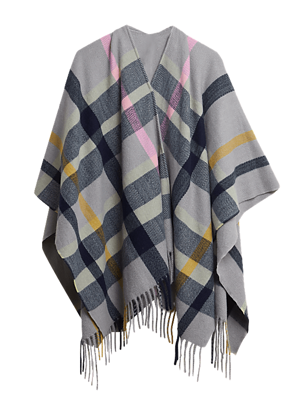 Woven Checked Tassel Poncho