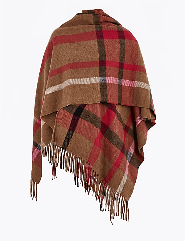 Woven Checked Tassel Poncho